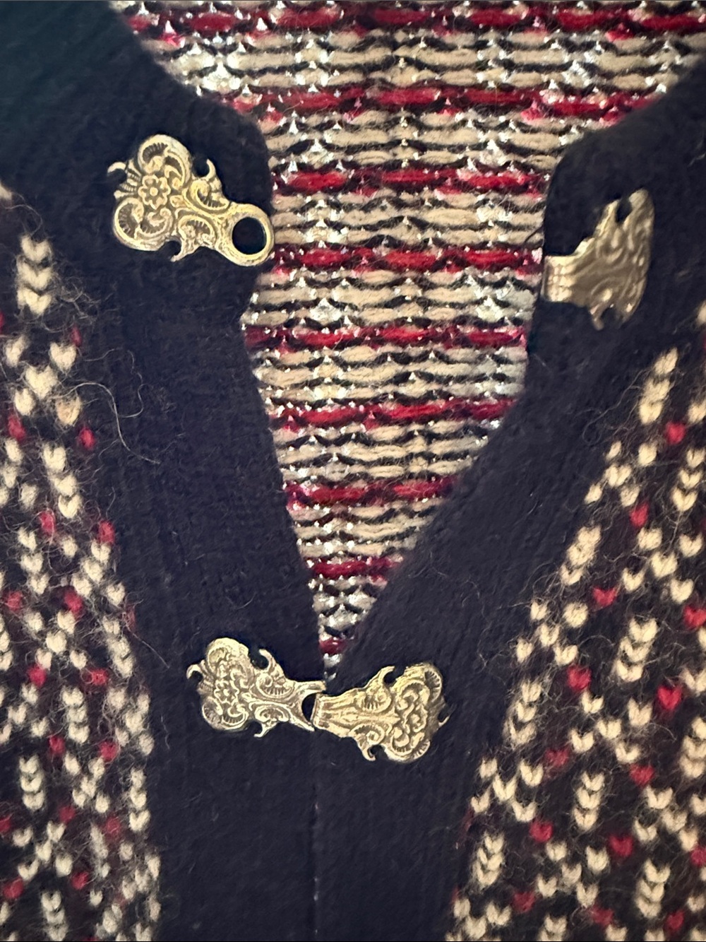 L.L. Bean Navy Wool Cardigan with Red and White Hearts - Picture 3 of 5
